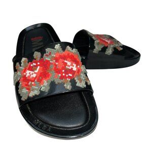 MLSA MELISSA size 7 Red Floral needlepoint-look floral slides shoes rubber